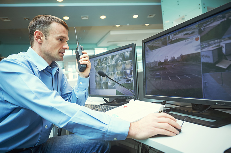 Man monitoring security system on computer